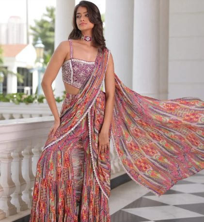 A model is dressed in a sharara saree - By Dishu Sarees. (Designer Saree to buy online)

https://dishusarees.com/